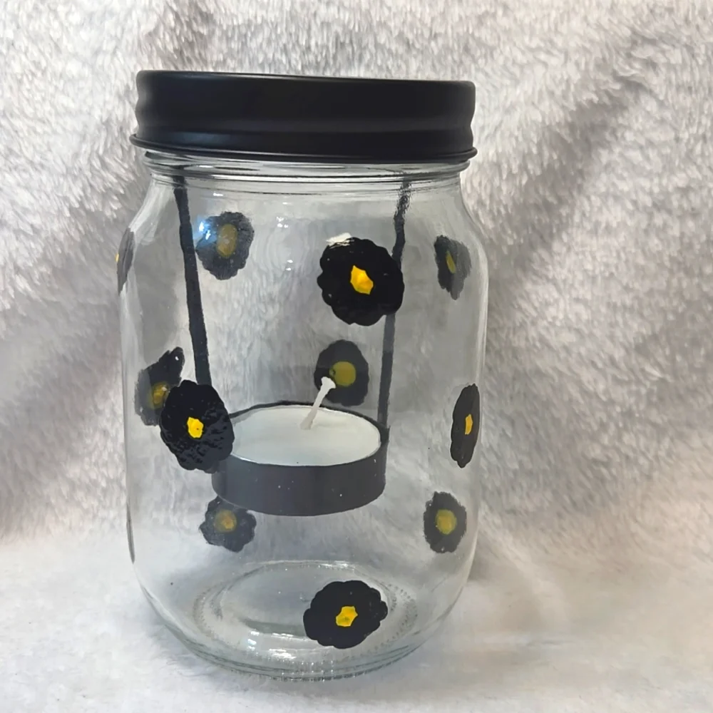 Hand Crafted Floral Painted Glass Jars with Black Lids Candle Holder